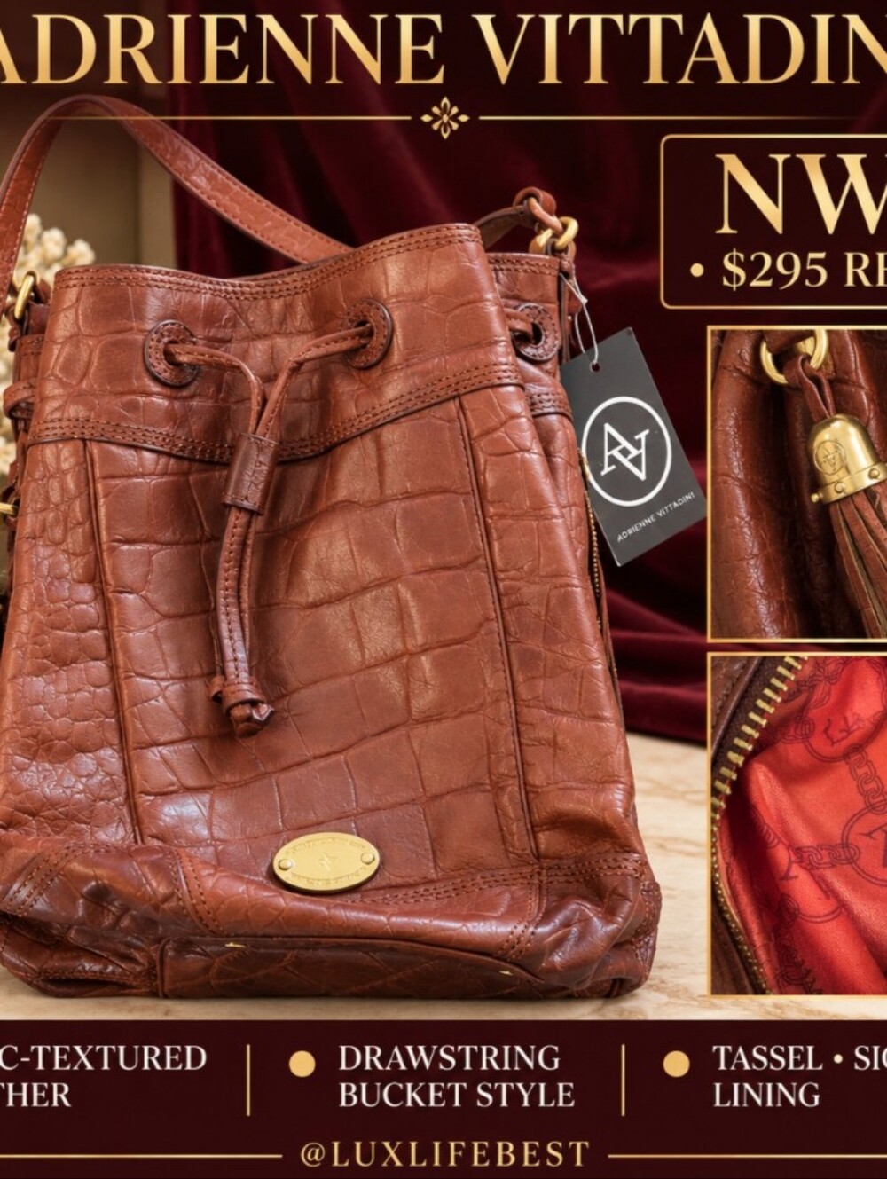 Leather Croc-Textured Drawstring Shoulder Bag - Brown